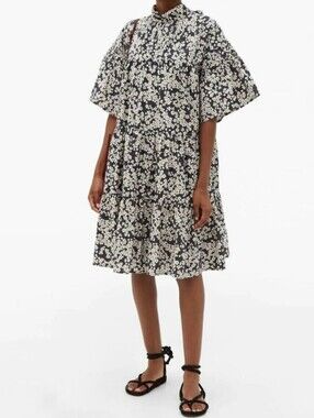 Merlette Astell Tiered Floral Cotton Trapeze Dress Black lavender Print Medium